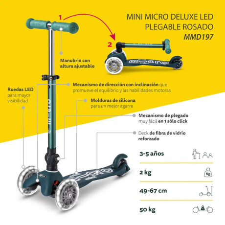 Monopatín Micro Mini Plegable Neón Led Ajustable Con 3 Ruedas Verde