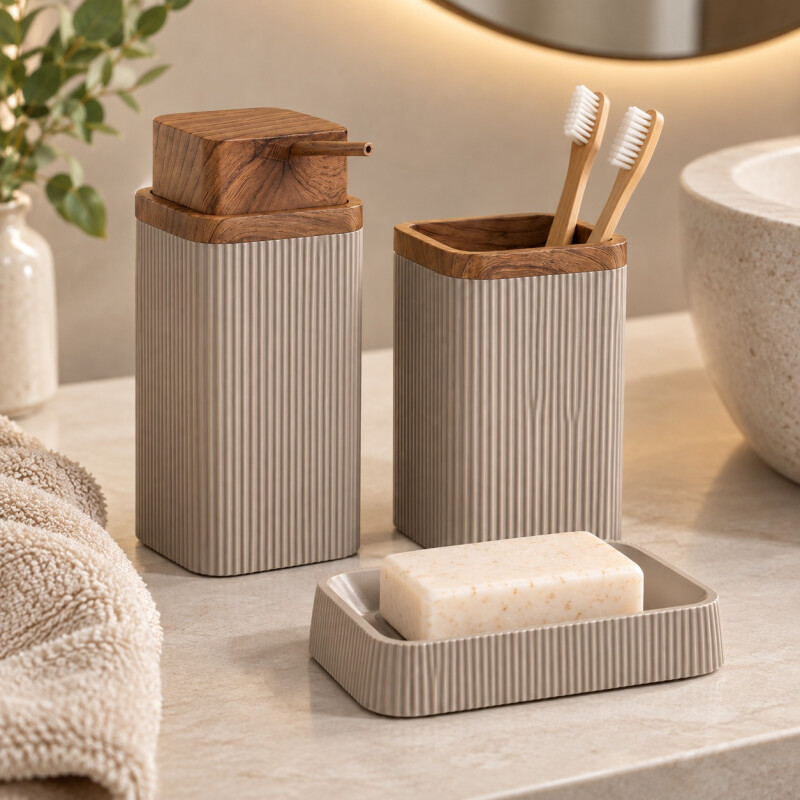 Set Baño 3 Piezas Dispensador Jabonera Porta Cepillos Beige Set Baño 3 Piezas Dispensador Jabonera Porta Cepillos Beige