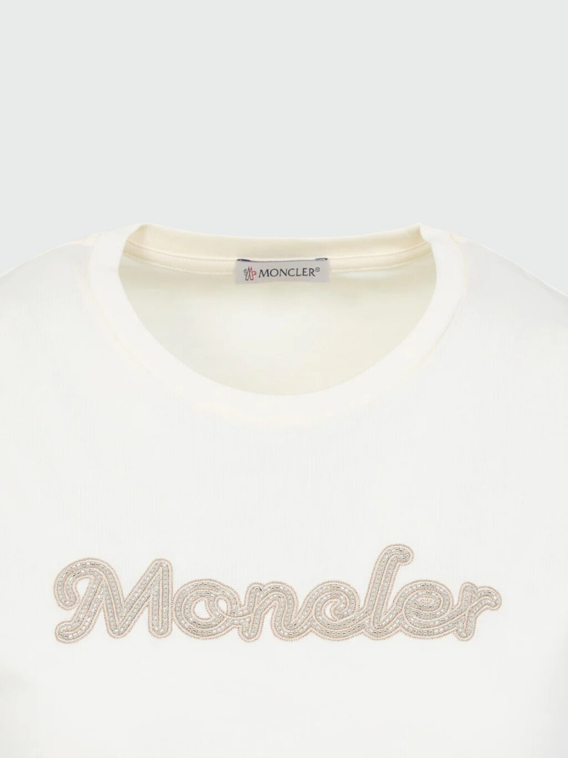 Moncler - Camiseta de Algodón con Logotipo Bordado con Perlas Blanco