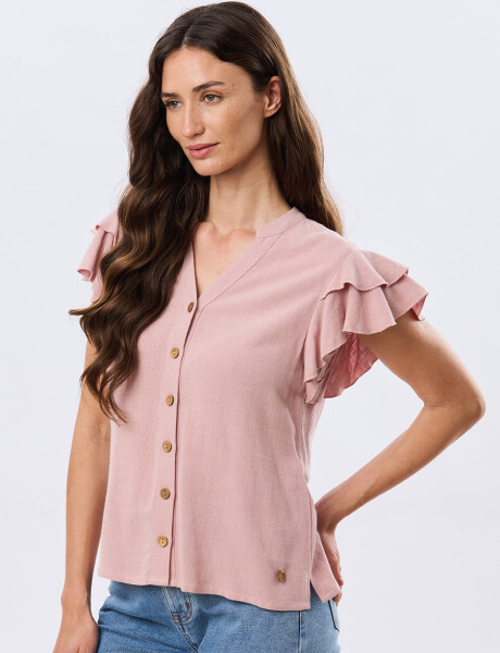 CAMISA DE LINO CON VOLADOS Rosa