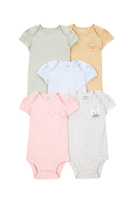 Pack cinco bodies de algodón, manga corta y bolsillo de animales Sin color