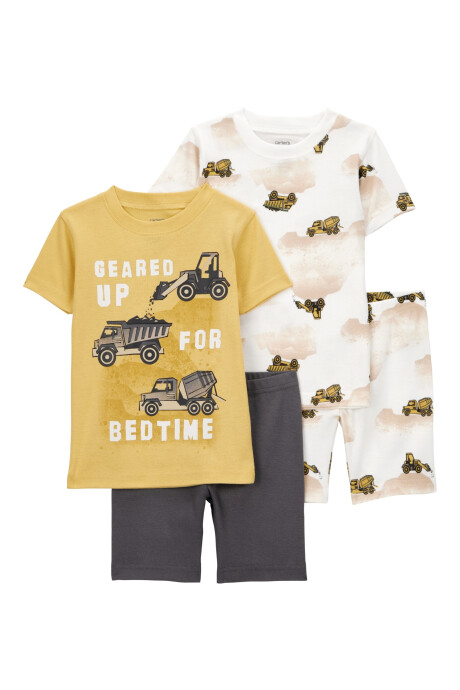 Pijama cuatro piezas de algodón, dos bermudas y dos remeras, diseño constructor Sin color
