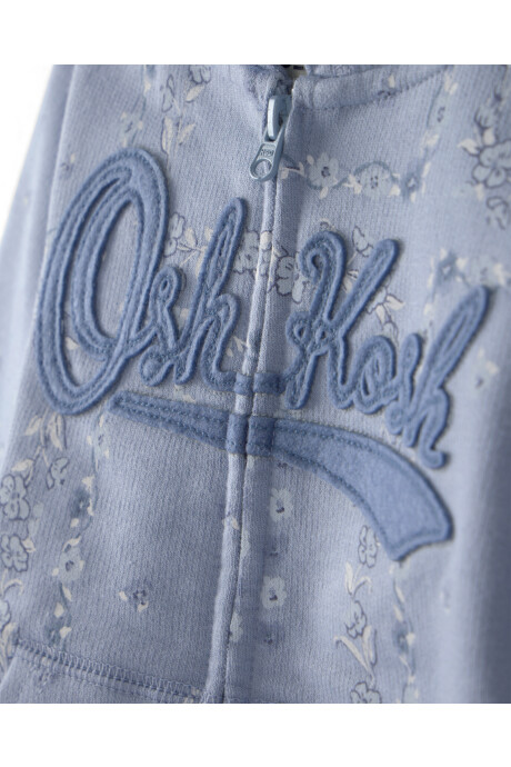 Campera de algodón, azul, con capucha y logo, diseño floral Campera de algodón, azul, con capucha y logo, diseño floral