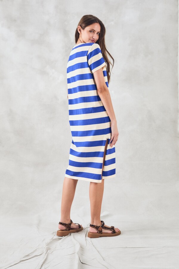 Vestido Rayado Con Lino Azul Francia