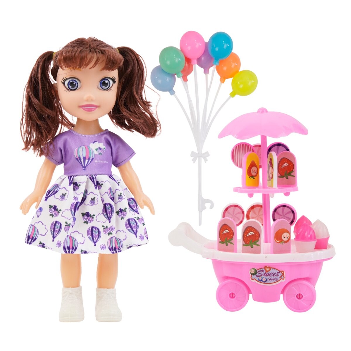 Muñeca con globos y carro de dulces 