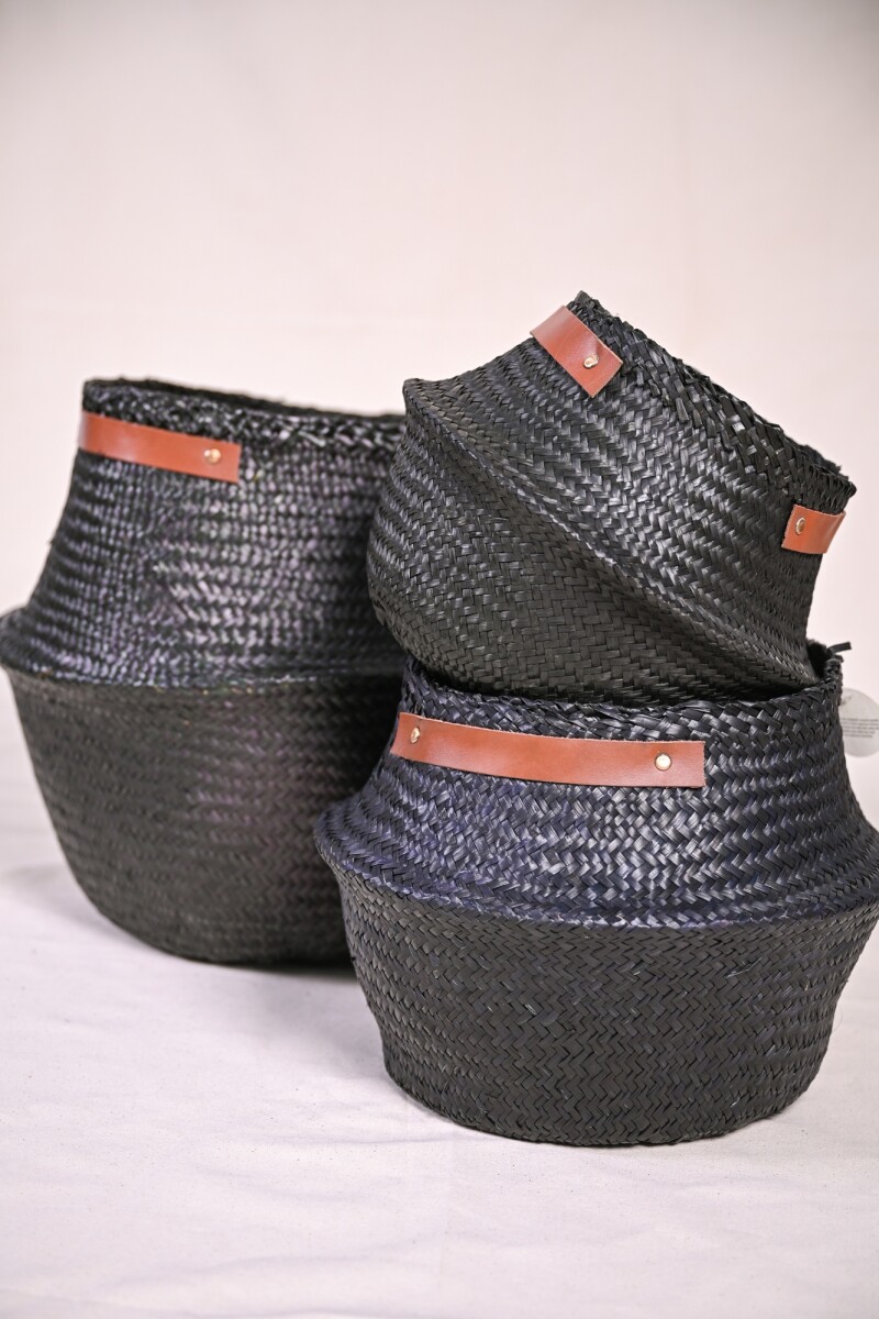 Cesto Fibras Naturales Asa Cuero S Negro