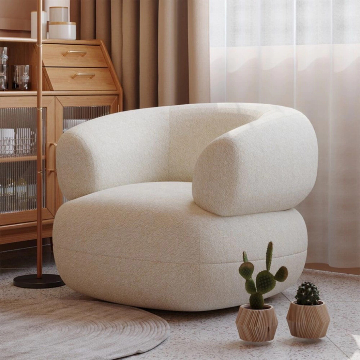 Sillón Puff ComboHome Kumo Redondo Corderito Diseño Premium - Blanco 1 