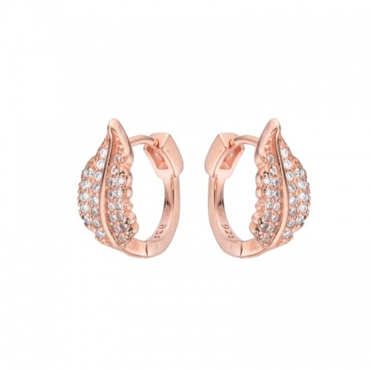 Par de aros de plata 925 con baño de oro rosado con circonias, HOJAS. 