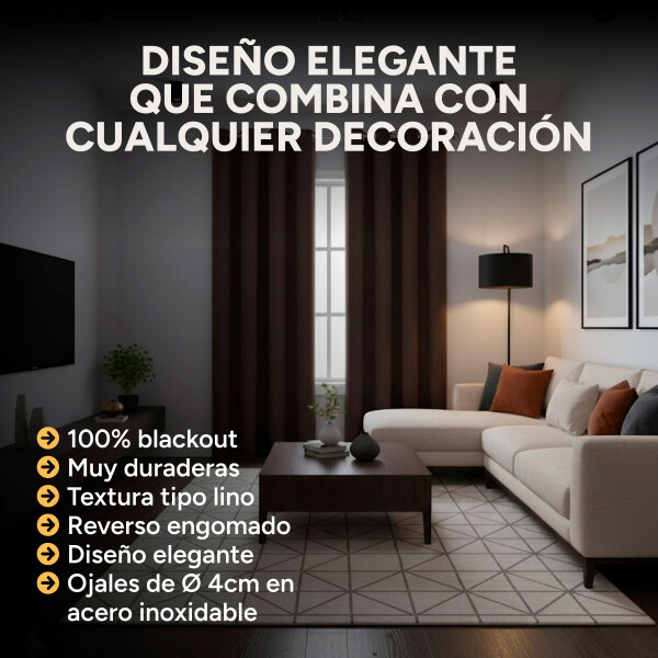 Cortina Blackout 100% Engomada Termica Set 2 Paños Tipo Lino Color Marrón Café