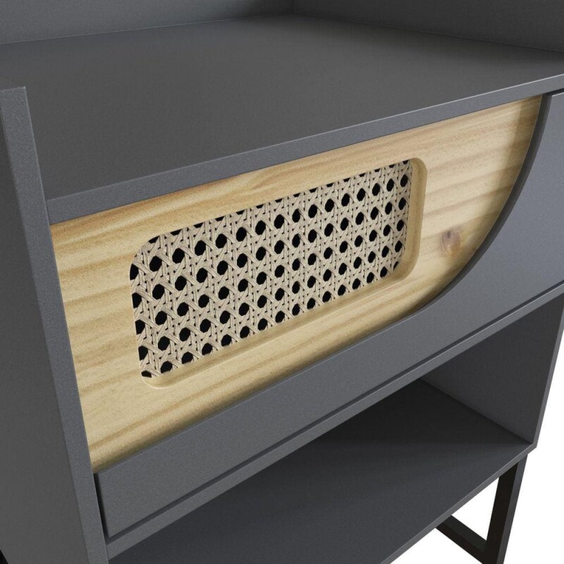 Mesa de Luz un cajon Grafito detalle Madera clara y rattan Mesa de Luz un cajon Grafito detalle Madera clara y rattan