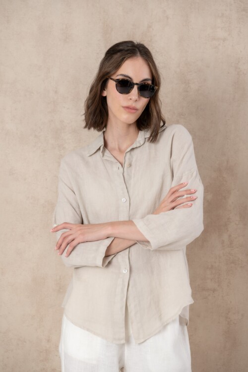 Camisa de lino lisa Beige