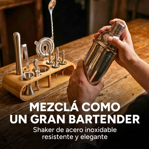 Set de Coctelería Kit 12 pcs Acero Inoxidable C/ Base Madera Plateado