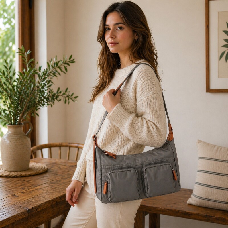Bandolera Morral de Dama en Tela Impermeable Musgo c/Suela
