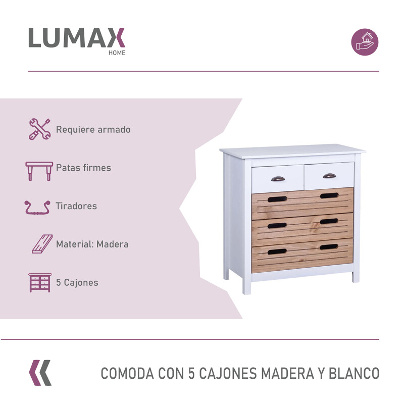 Cómoda Lumax 5 cajones madera y blanco Cómoda Lumax 5 cajones madera y blanco