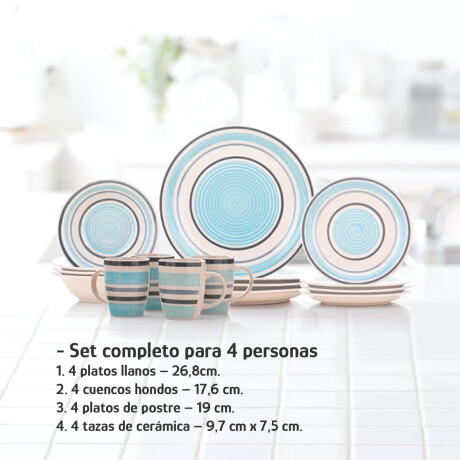 Juego Vajilla 16 Piezas Cerámica 4 Personas Diseño Moderno Azul/negro