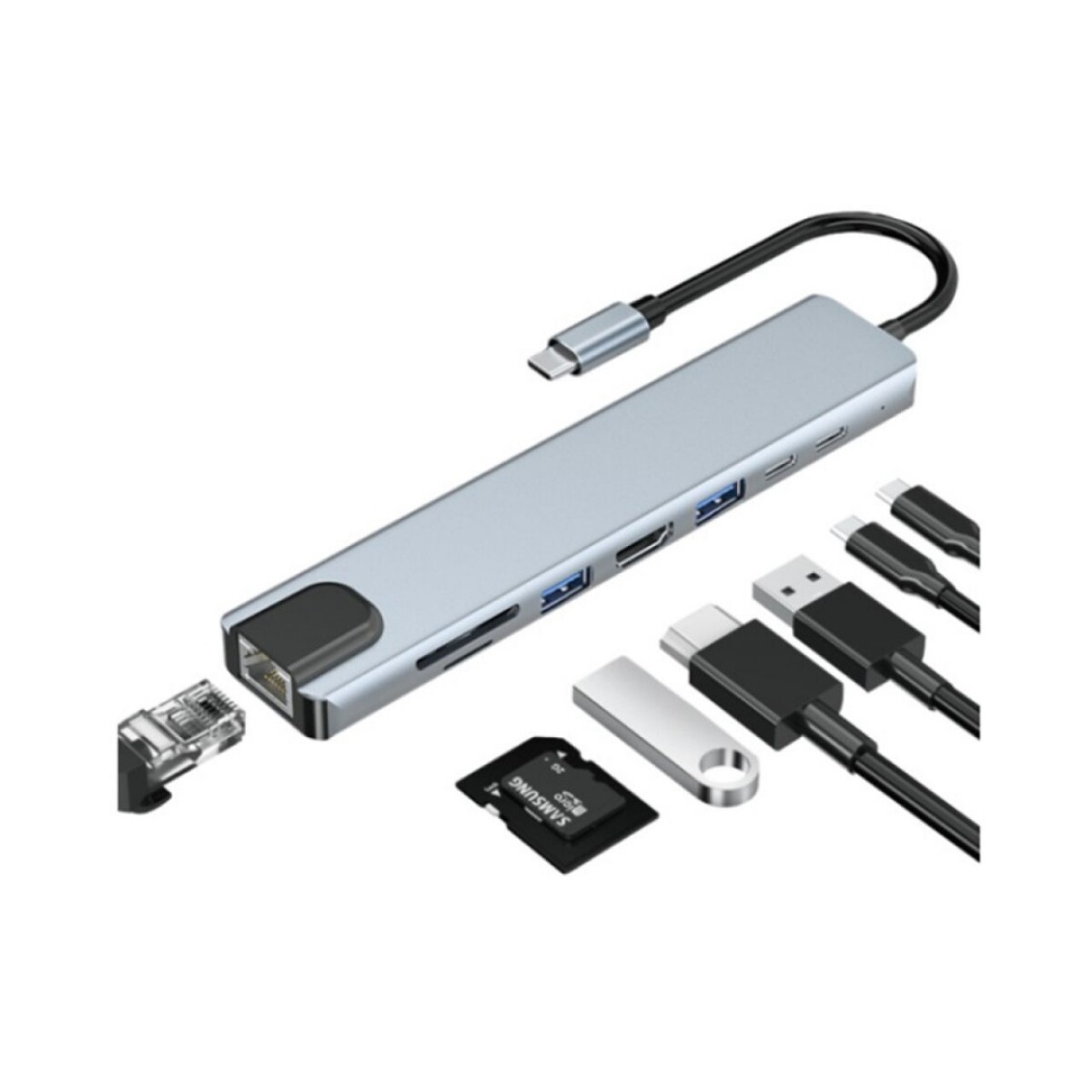 Hub 8 en 1 USB-C a 2xUSB 2xUSB-C HDMI TF MicroSD Ethernet 