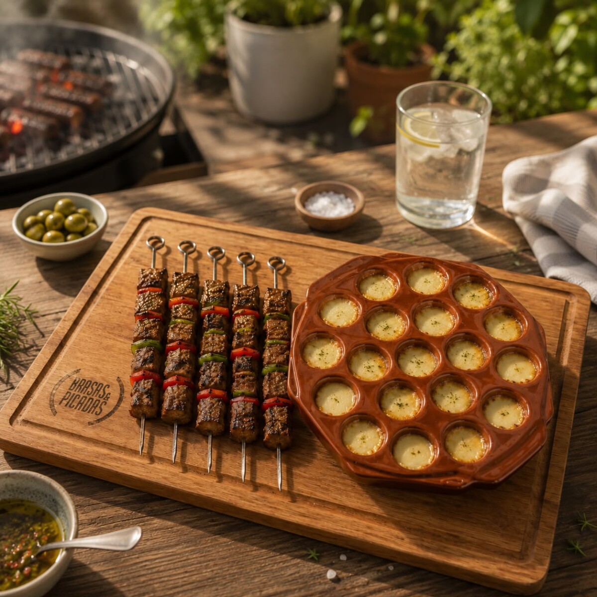 Combo ''Picada y Parrilla'' Provolonera de Cerámica, Set 6 Pinchos para Brochetas y Tabla en Cedro 