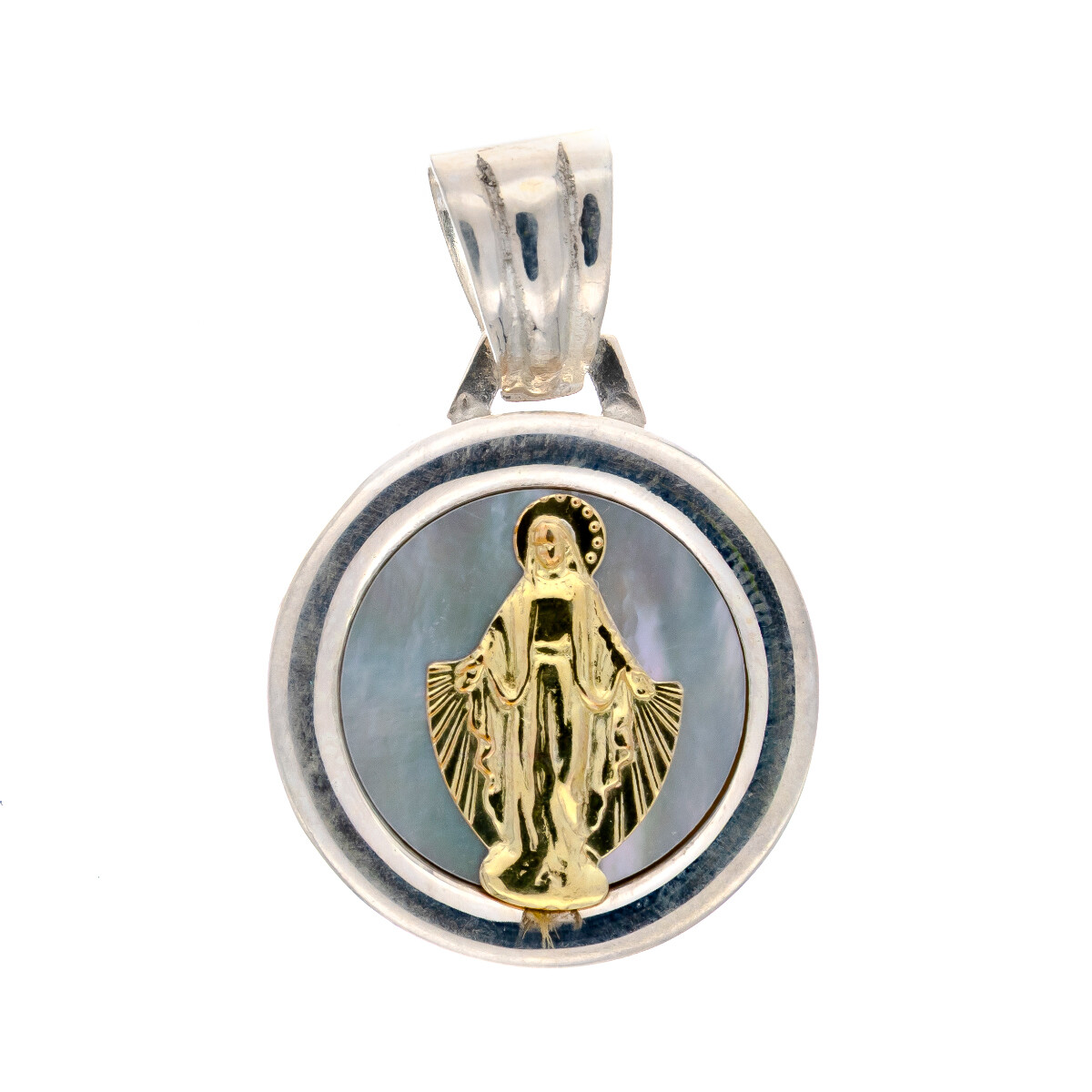 Medalla religiosa de plata 925, double en oro 18 ktes y nácar, MILAGROSA. 
