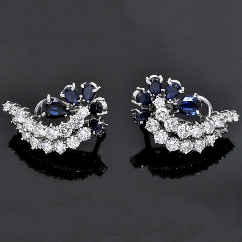 Caravanas En Oro 18K Blanco, Brillantes Y Zafiros Caravanas En Oro 18K Blanco, Brillantes Y Zafiros