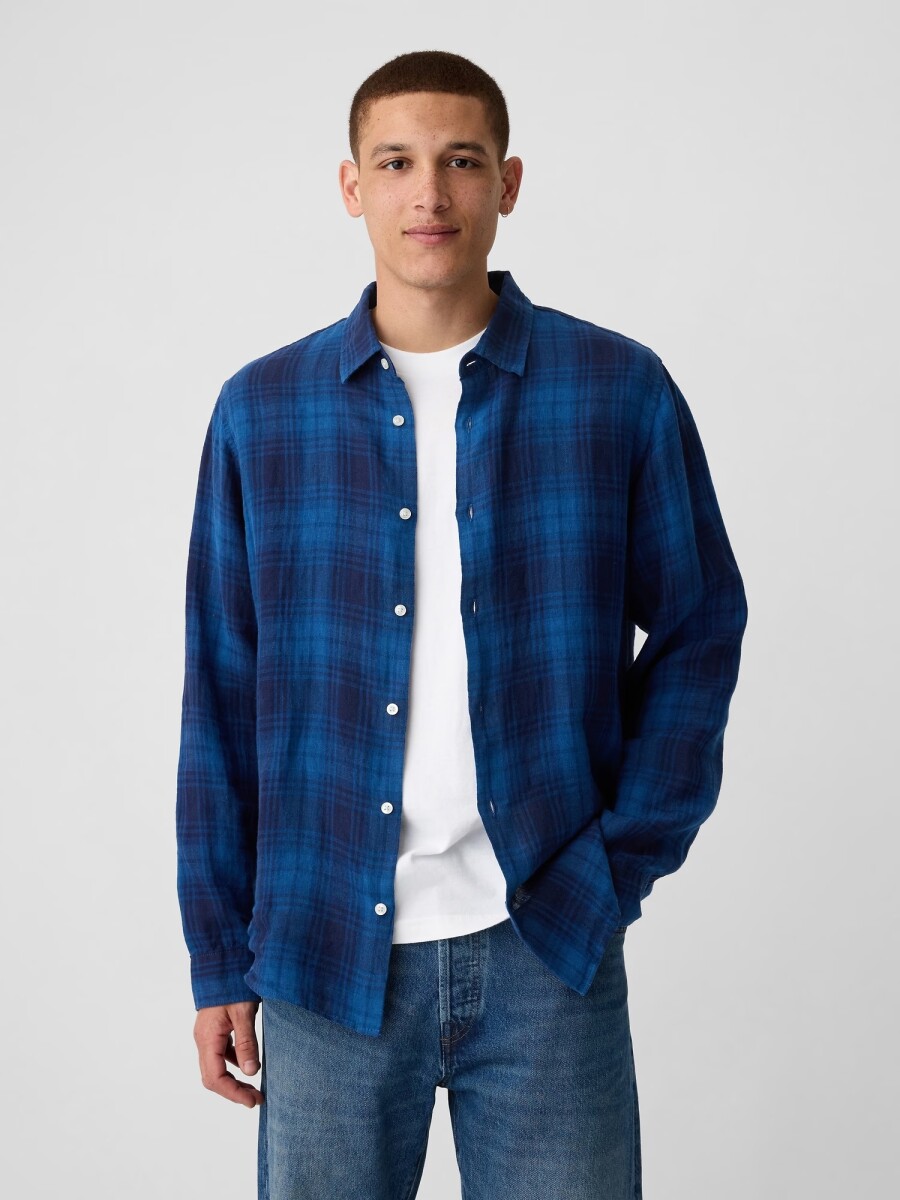 Camisa De Lino Hombre - Dark Indigo Plaid 