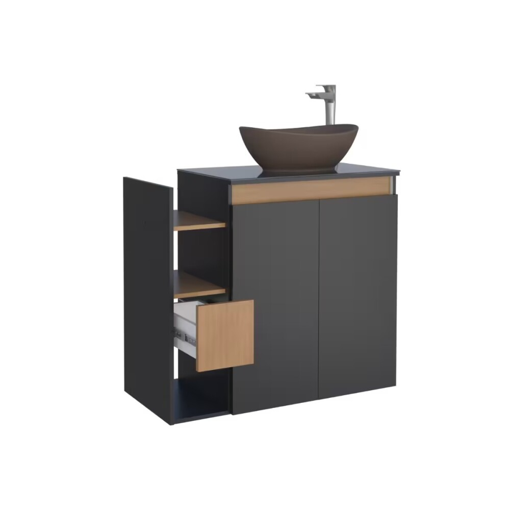 Mueble de baño suspendido Lotus Negro 80 cm con tapa de vidrio sin bacha Mueble De Baño Suspendido Lotus Negro 80 Cm Con Tapa De Vidrio Sin Bacha