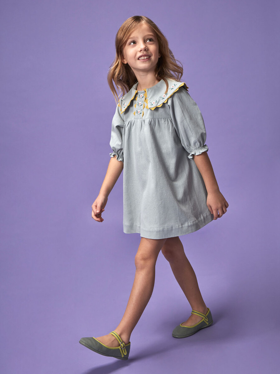 Vestido Con Cuellos Pico Bordados Azul