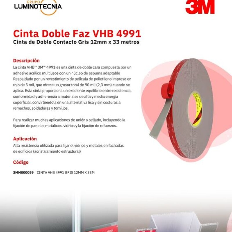 CINTA DOBLE FAZ VHB4991 GRIS 12MM X 33M - 3M CINTA DOBLE FAZ VHB4991 GRIS 12MM X 33M - 3M