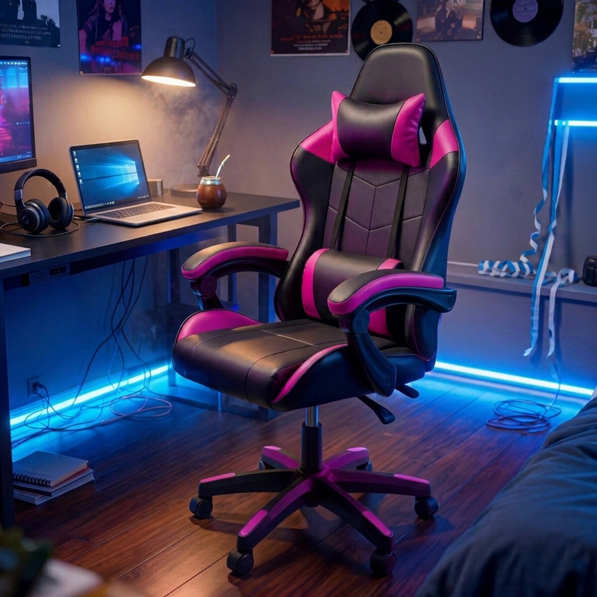 Silla Gamer Ergonomica Escritorio Reclinable Soporta 200kg Imback Negro con Fucsia 