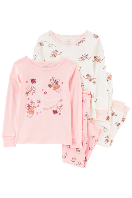 Pijama cuatro piezas de algodón, dos remeras y dos pantalones, tonos rosados, diseño hadas Pijama cuatro piezas de algodón, dos remeras y dos pantalones, tonos rosados, diseño hadas