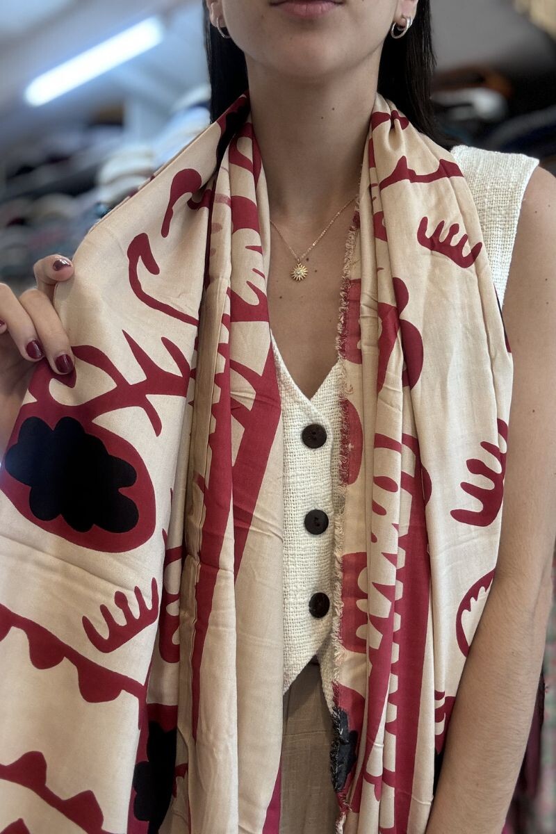 Pañuelo rayón Beige y Rojo