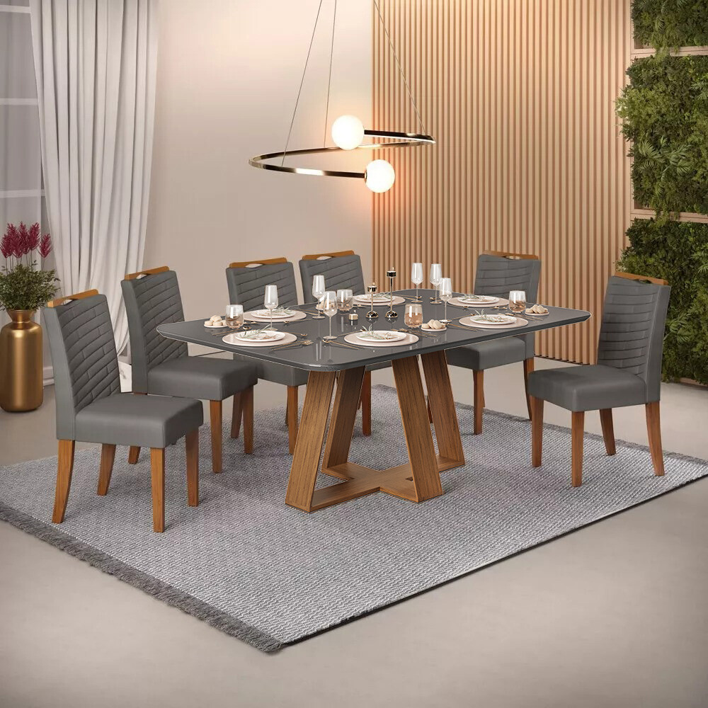 Juego De Comedor - 6 Sillas + Mesa Vidrio - Celeste Gris