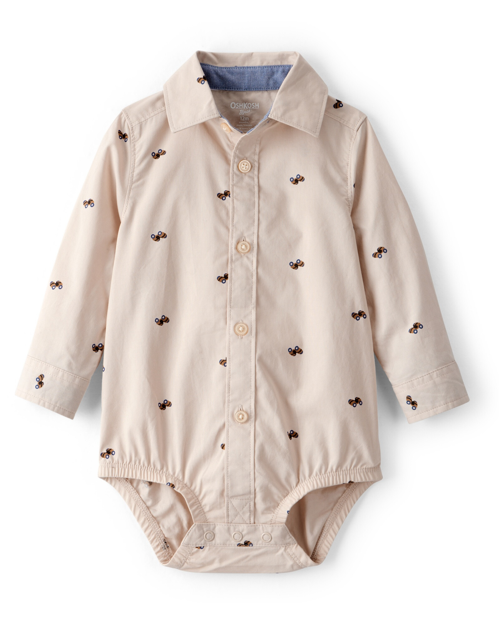 Body de algodón, tipo camisa, diseño autos, khaki Body de algodón, tipo camisa, diseño autos, khaki