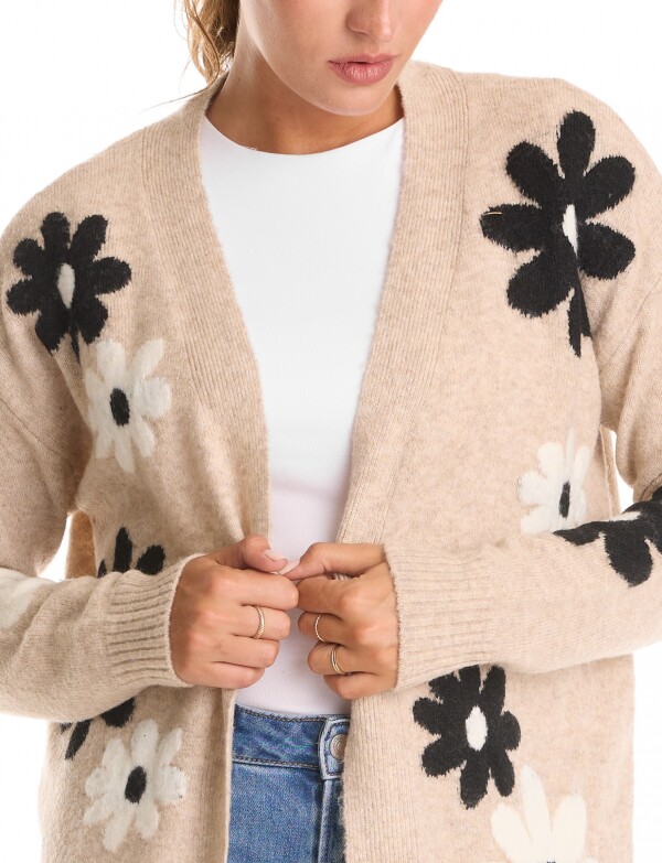 Cardigan Jacquard Flores & Calce Relajado BEIGE/MULTI