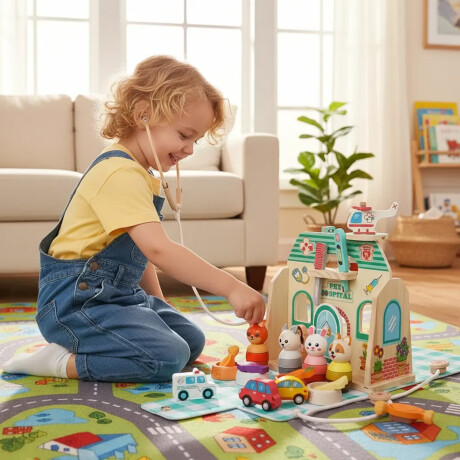 Set Juego Hospital Veterinario Madera Animales y Accesorios Verde