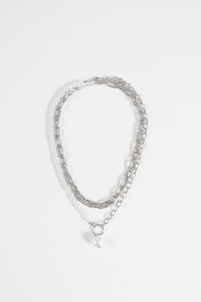 Collar multiple cadenas con perla plateado