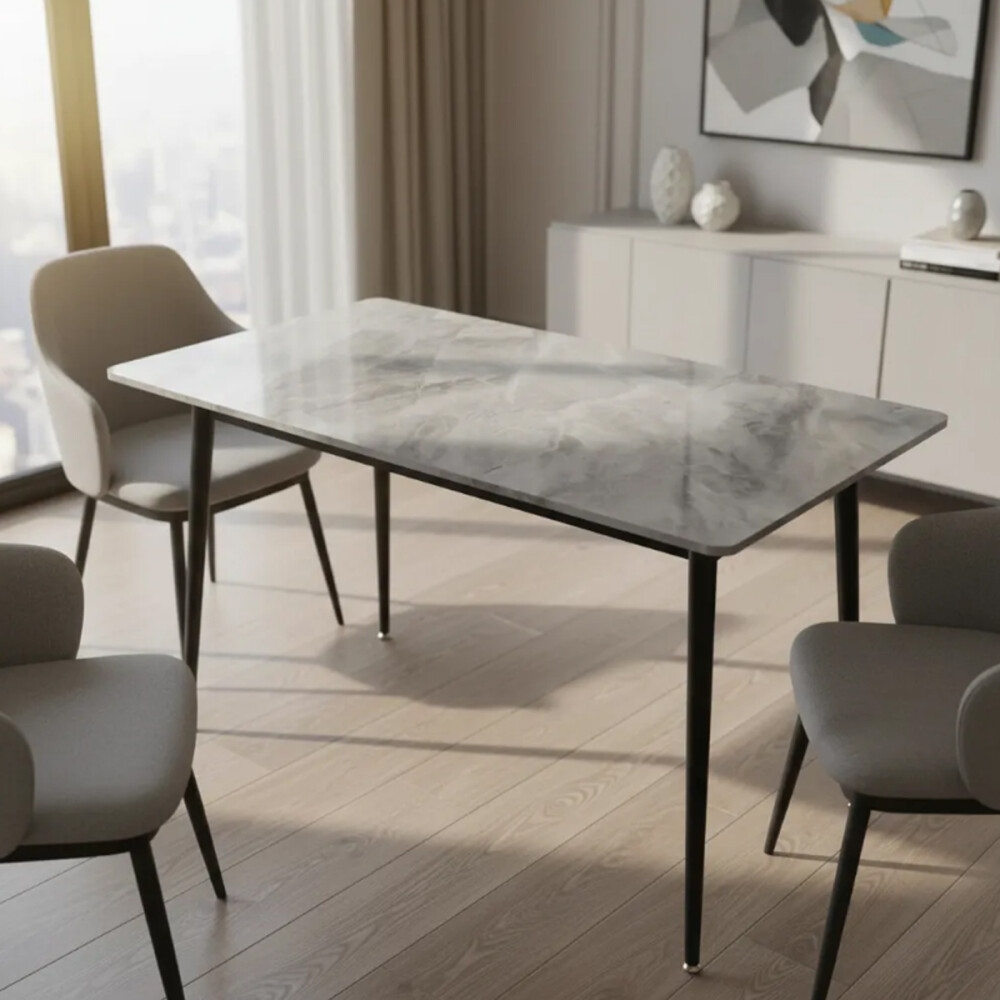 Mesa De Comedor Vidrio Símil Marmol 1.40x0.80m Patas De Hierro Gris
