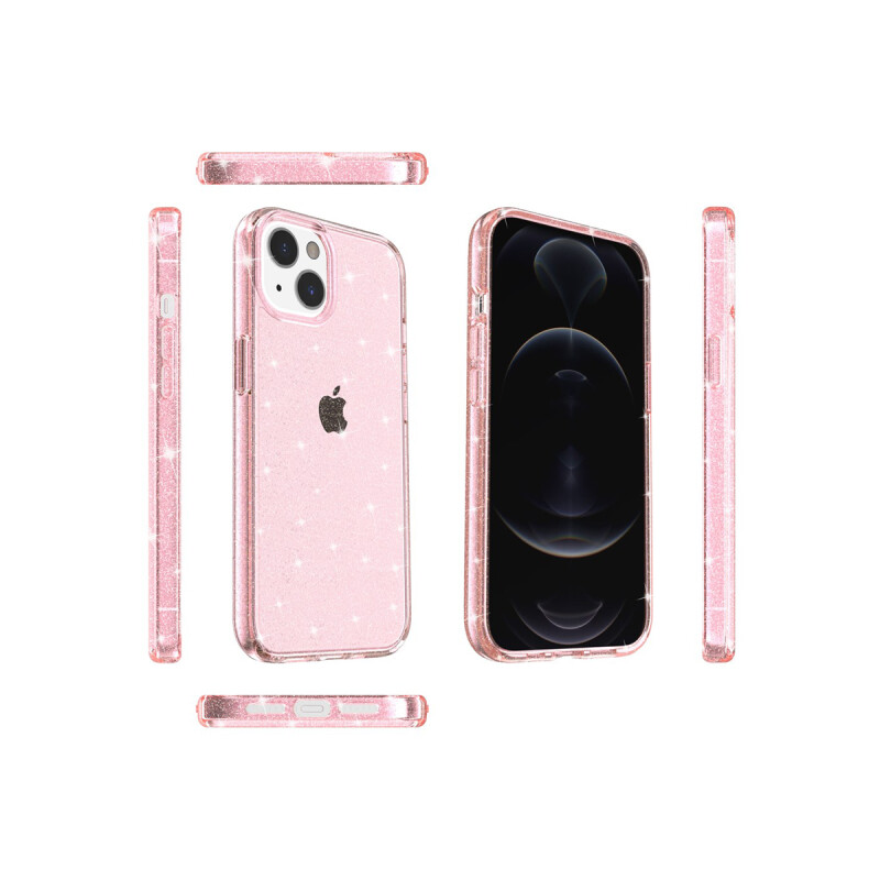 Protector rígido iPhone 15 transparente rosa con brillos Protector Rígido Iphone 15 Transparente Rosa Con Brillos