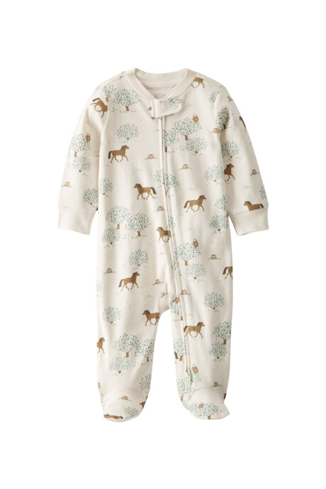 Pijama uno pieza de algodón orgánico, con pie, diseño caballos Sin color