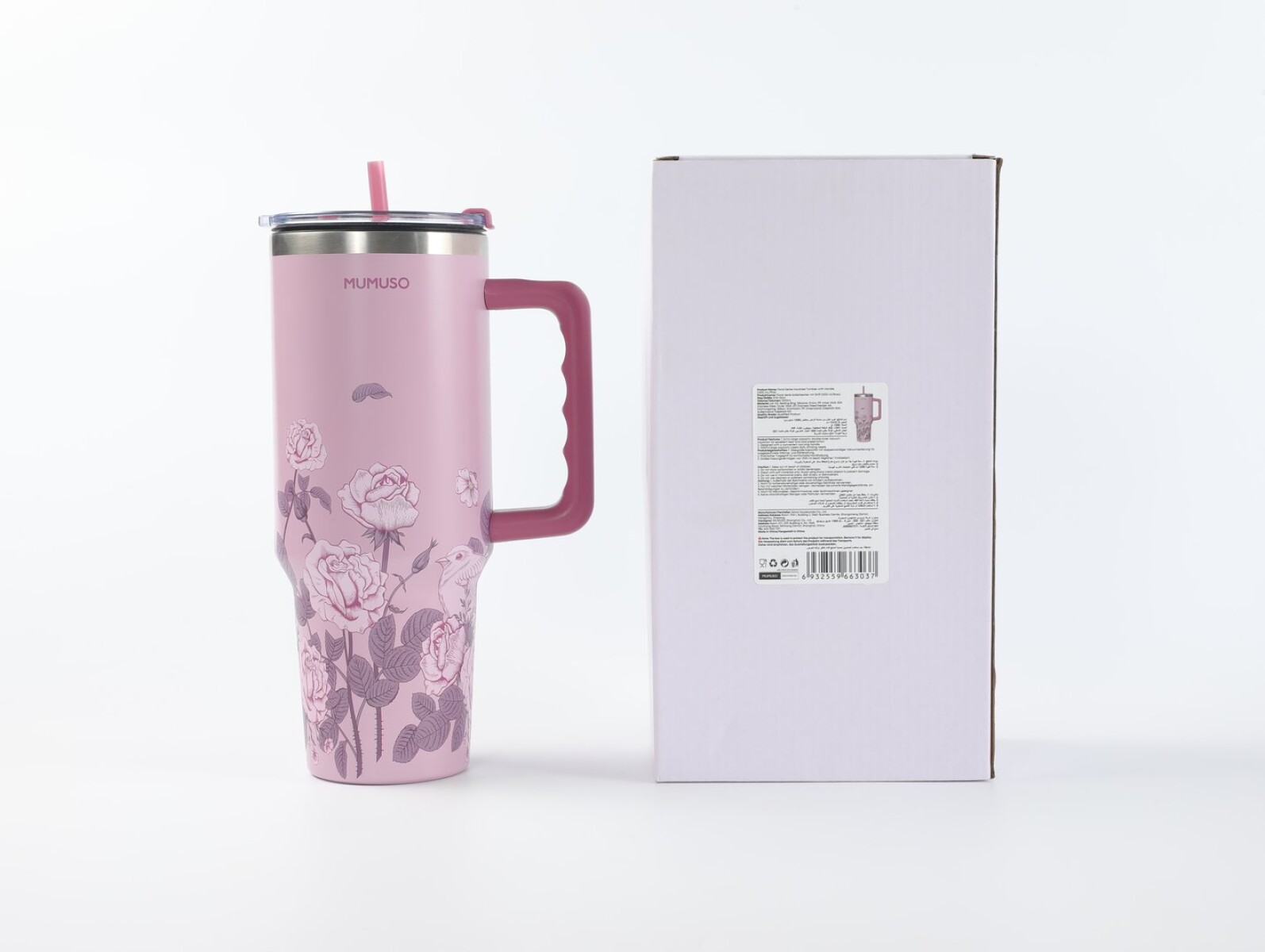 VASO TÉRMICO SERIE FLORAL CON ASA (1200 ML/ROSA) 