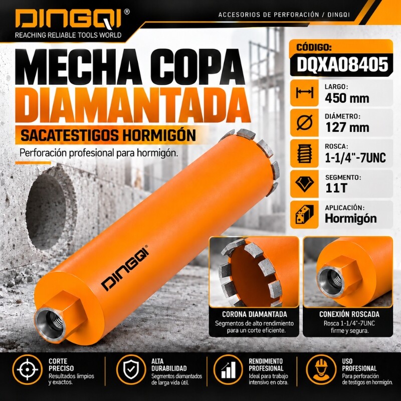 DINGQI MECHA COPA DIAMANTADA SACATESTIGOS HORMIGON 127x450MM 11D ROSCA 1-1/4 Dingqi Mecha Copa Diamantada Sacatestigos Hormigon 127x450mm 11d Rosca 1-1/4