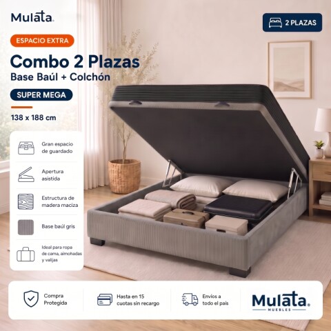 Sommier Baúl 2 Plazas Gris con Colchón Super Mega 138 x 188 Firmeza Media Sommier Baúl 2 Plazas Gris con Colchón Super Mega 138 x 188 Firmeza Media