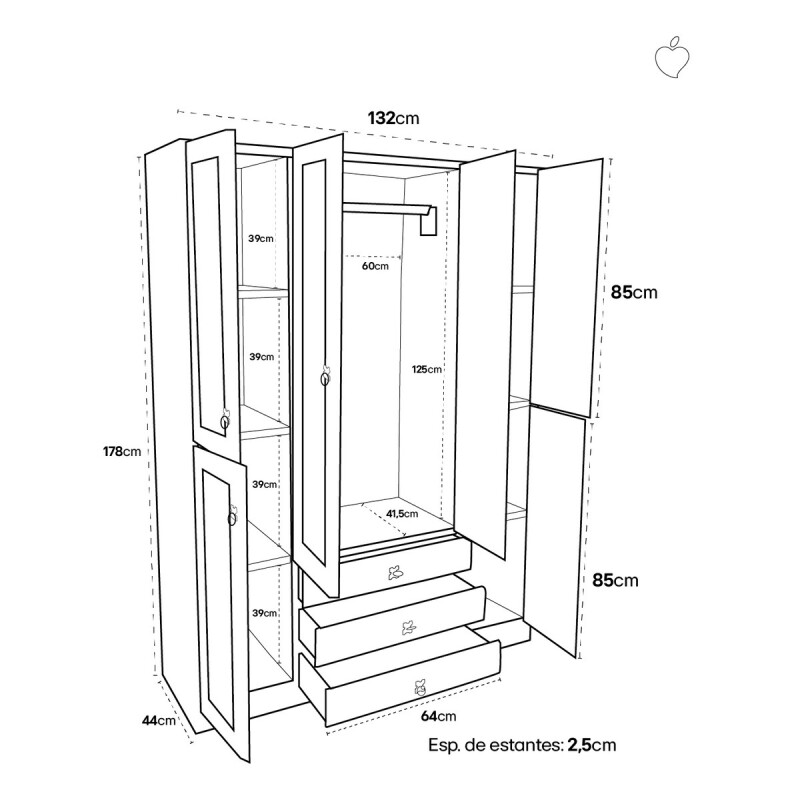 Ropero Madera Pino Macizo 6 Puertas Placard - Nogal Ropero Madera Pino Macizo 6 Puertas Placard - Nogal