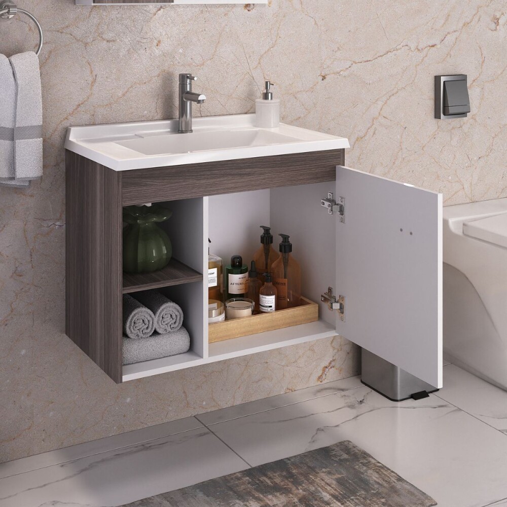 Mueble de baño suspendido Sophia Almendra 60cm bacha de resina natural y espejo con botiquín Mueble De Baño Suspendido Sophia Almendra 60cm Bacha De Resina Natural Y Espejo Con Botiquín