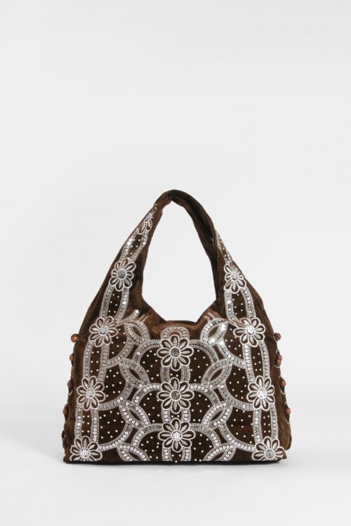 Cartera de fiesta mostacillas flor marrón