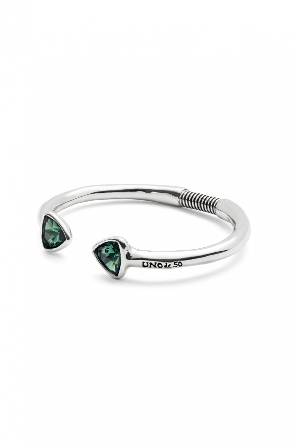 PULSERA RÍGIDA DE ALEACIÓN DE METALES BAÑADA EN PLATA DE LEY CON DOS CRISTALES FACETADOS VERDES Pulsera