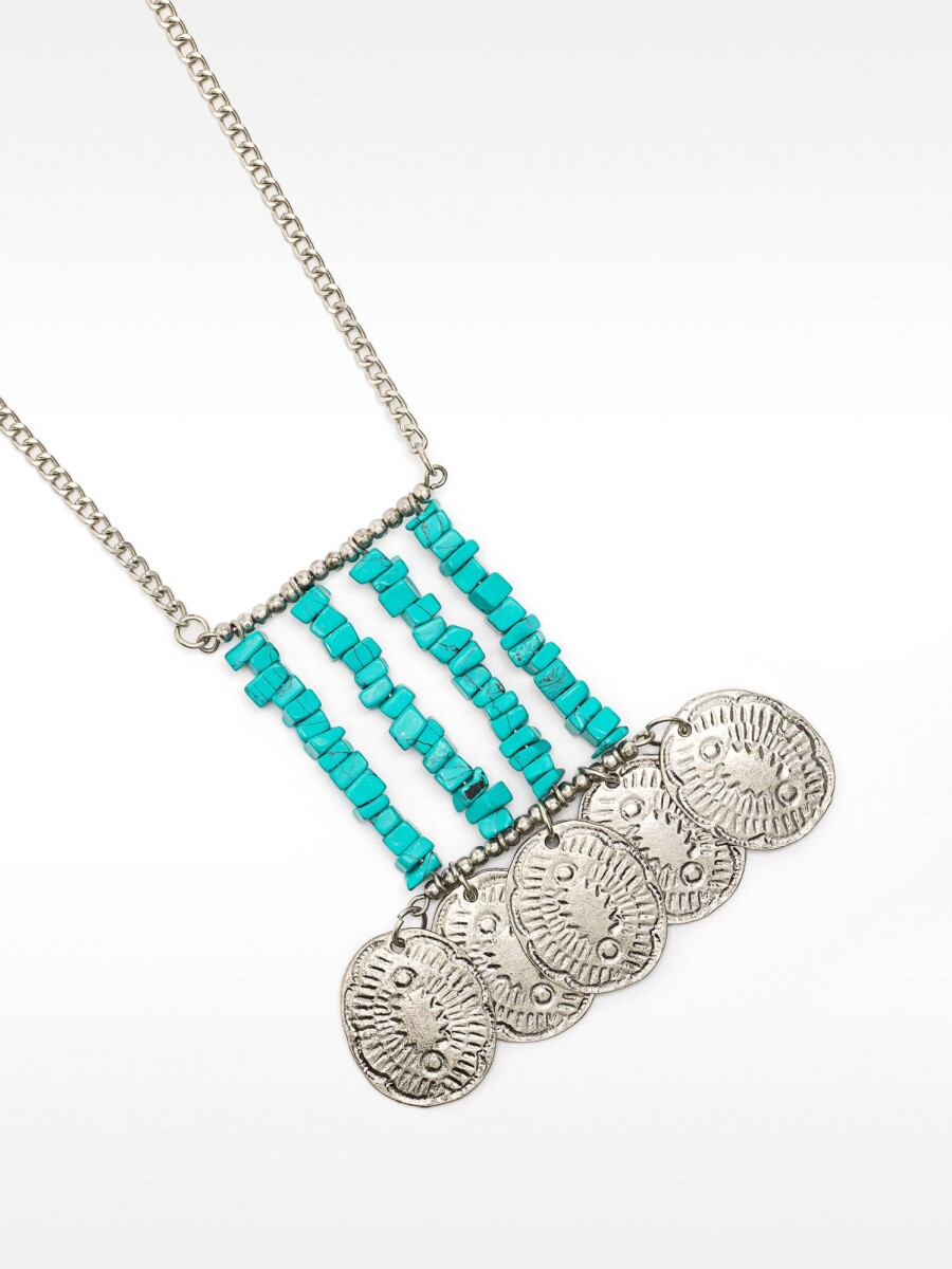 Collar Largo Colgante Con Piedras Y Medallas azul