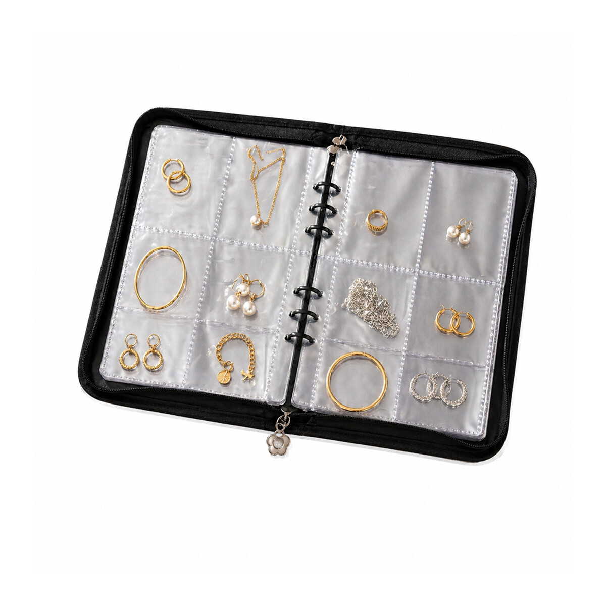 Estuche organizador de joyas estilo libro con compartimentos - Negro 