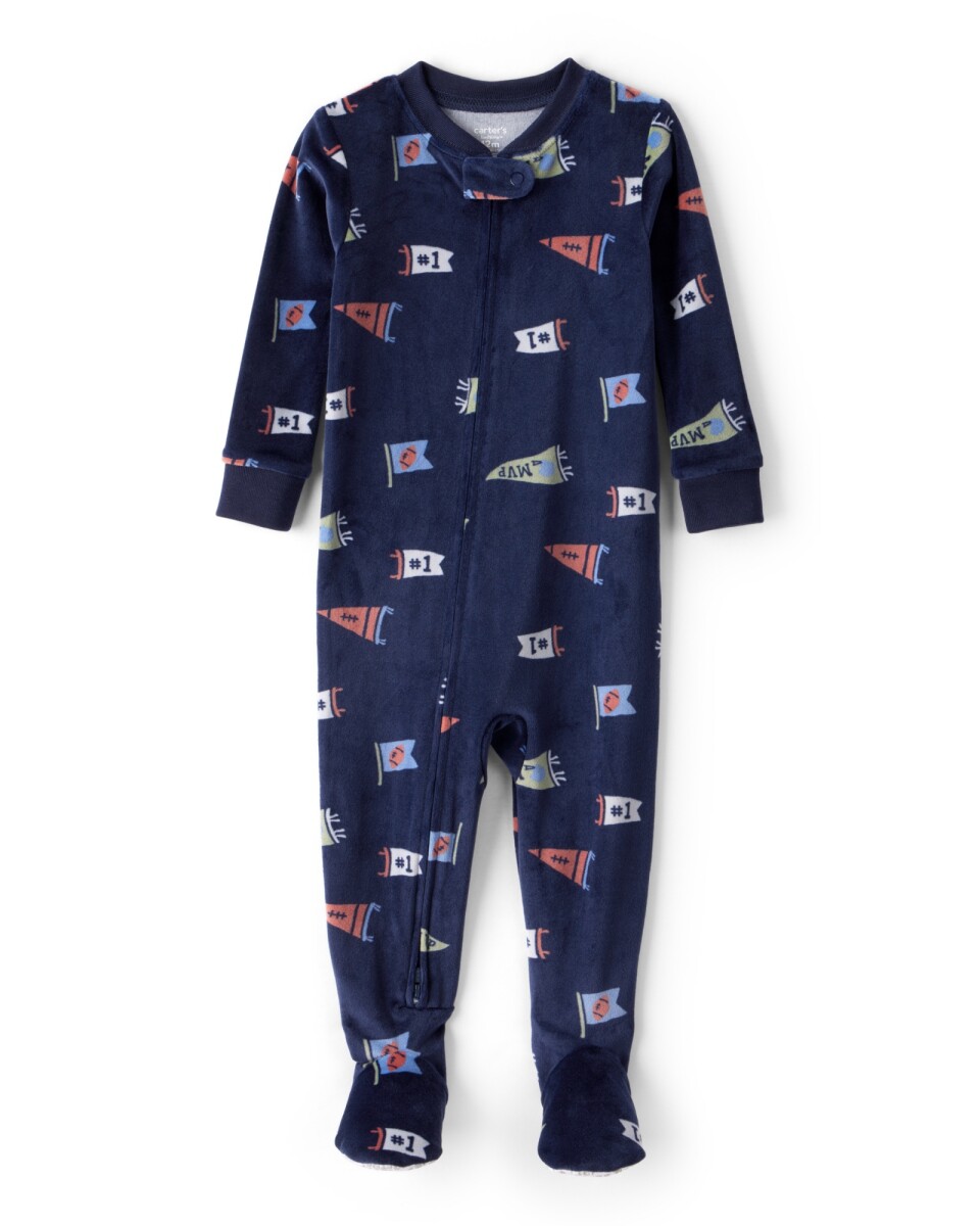 Pijama una pieza de micropolar, con pie, diseño banderines 