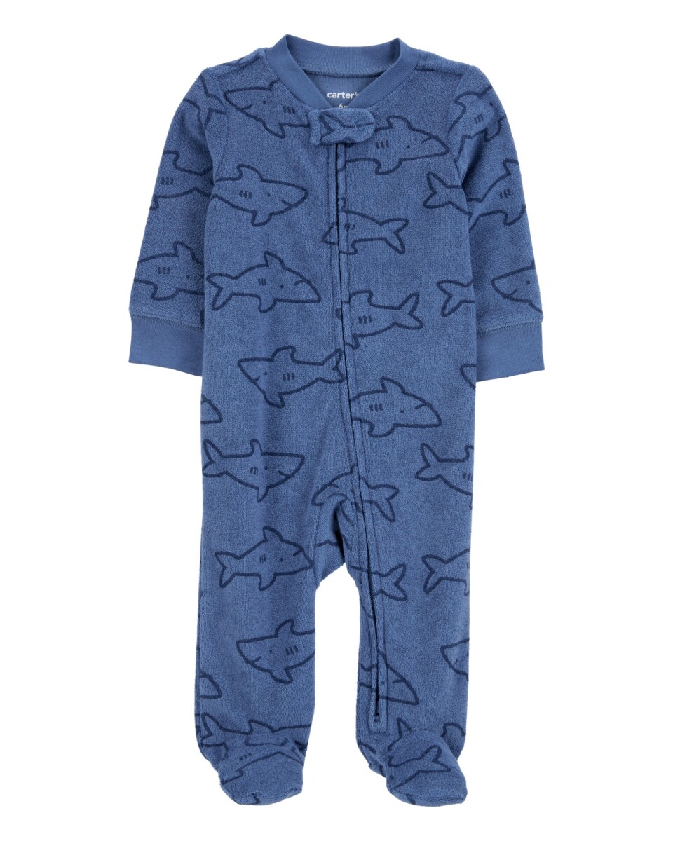 Pijama una pieza de algodón terry, con pie, diseño tiburones 