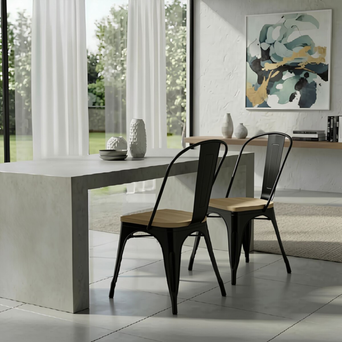 Pack 2 Sillas Tolix Lumax Metálicas Vintage Con Asiento De Madera Para Comedor - Negro 